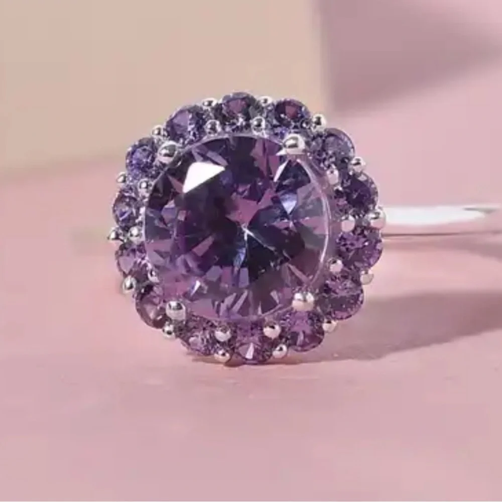 Amethyst Simulated Diamond Halo Ring 925 Sterling Silver Purple Gemstone